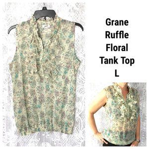 Floral Tank Top Purple Aqua Blue Creme Tan Semi Sheer Stretch Ruffle L Grane